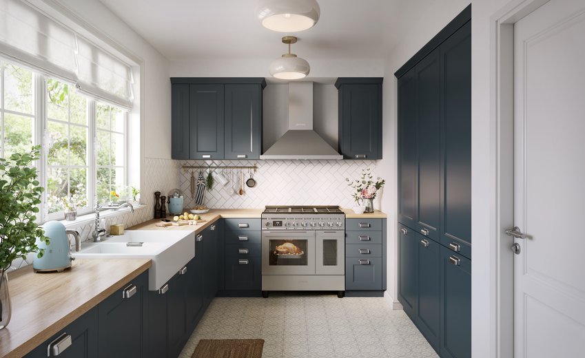 Navy blue shaker kitchen with white subway tile backsplash